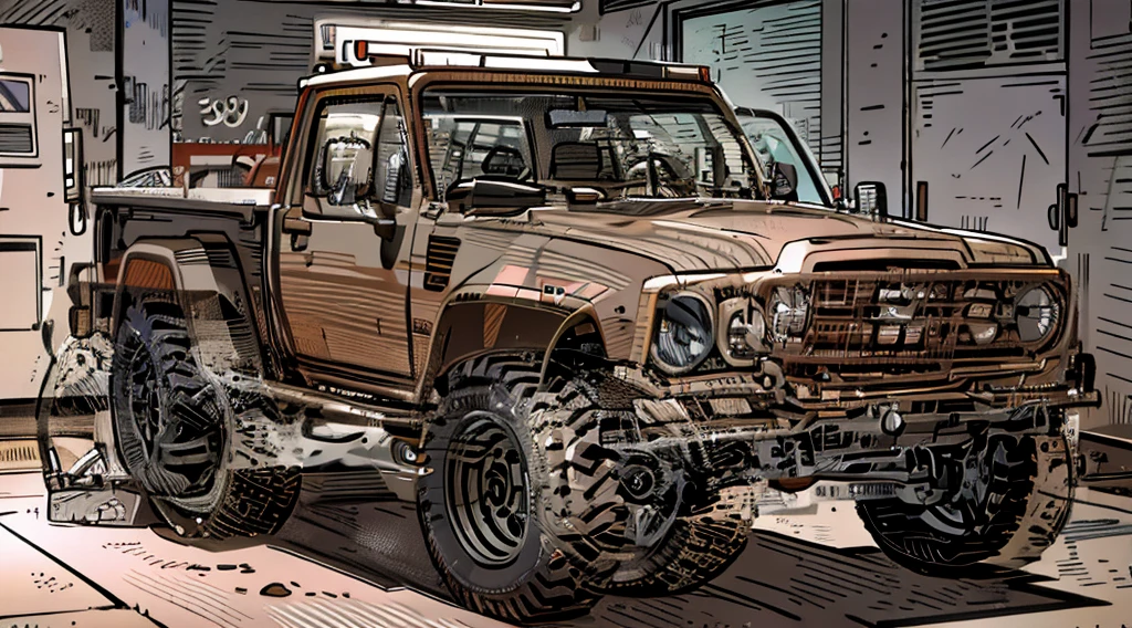 ((Best Quality)), ((masterpiece)), Highly detailed, 8K, red 6x6 heavy pickup truck, red dirty matte paint, boxy angles, boxy 80s design, ((2 pairs of back wheels:1.3)), bright showroom, cel-shaded, line art, bold black outlines, comic style, inkpunk, bright photoshoot lighting, ((isometric symmetry:1.2))