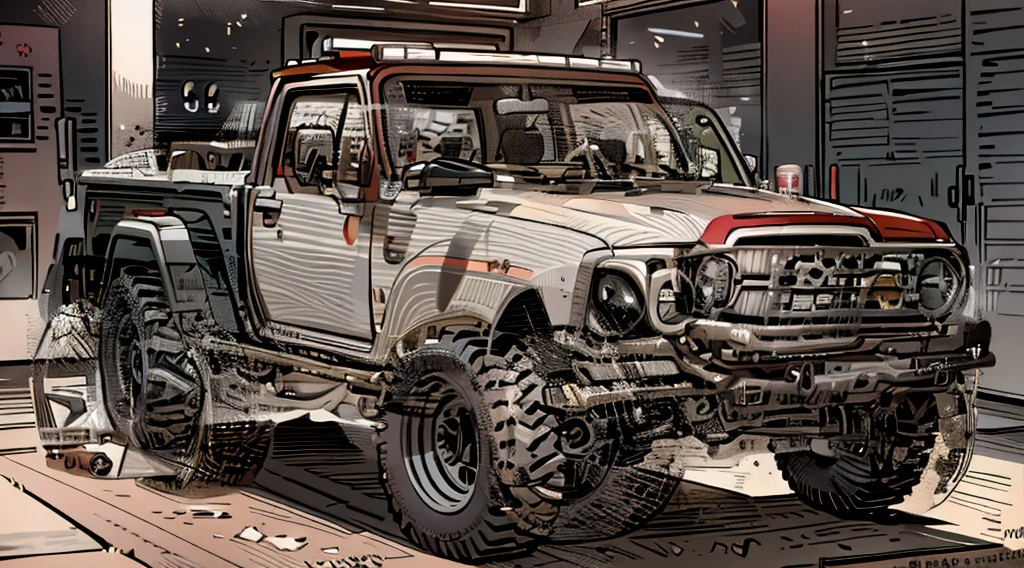 ((Best Quality)), ((masterpiece)), Highly detailed, 8K, red 6x6 heavy pickup truck, red dirty matte paint, boxy angles, boxy 80s design, ((2 pairs of back wheels:1.3)), bright showroom, cel-shaded, line art, bold black outlines, comic style, inkpunk, bright photoshoot lighting, ((isometric symmetry:1.2))