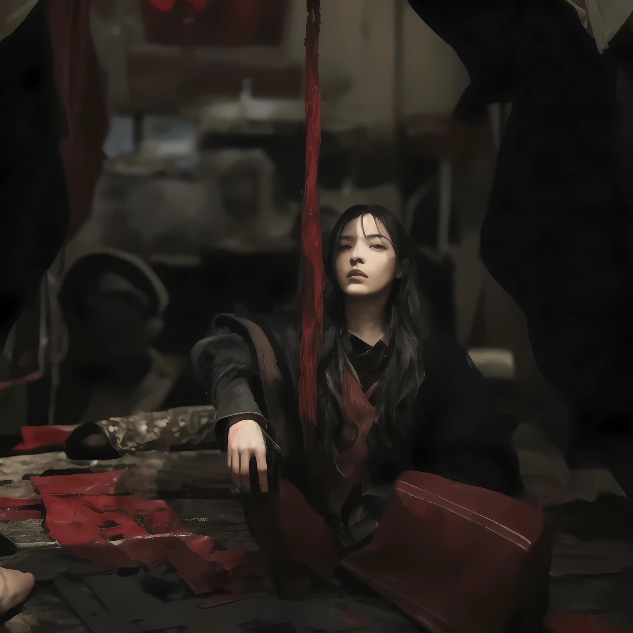 A woman sitting on the floor in a room covered with red cloth, Fantasy Movie stills, Super villain IU Lee Ji-eun, cinematic. Ren Jun, red and cinematic lighting, Live-action Movie stills, Inspired by Rouki, A long, torn red cloak, Movie stills, Hanfu, Inspired by Chen Yifei