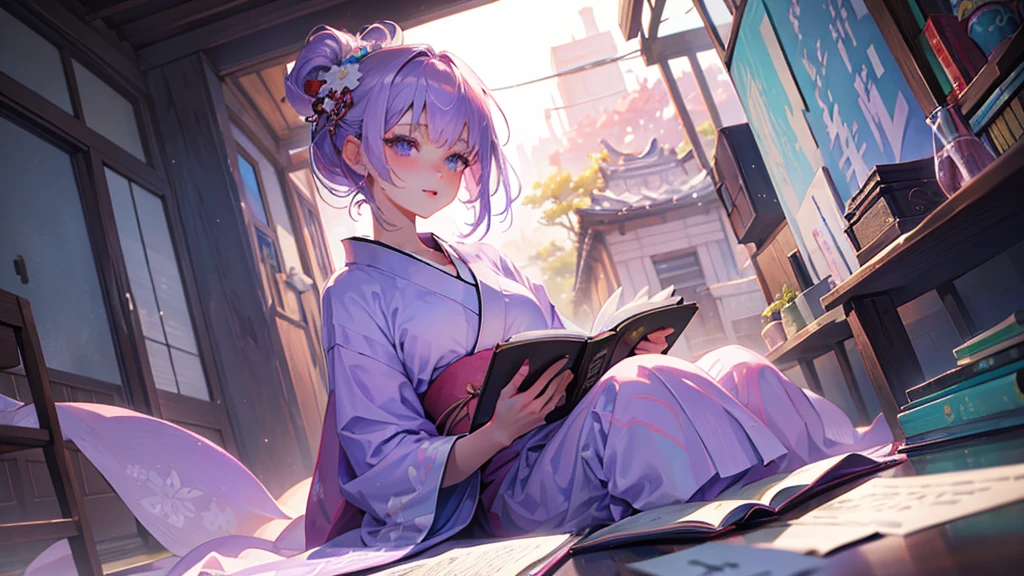 woman　clear　Light purple hair　　kimono　　Anime Style　reading　literature　Study
