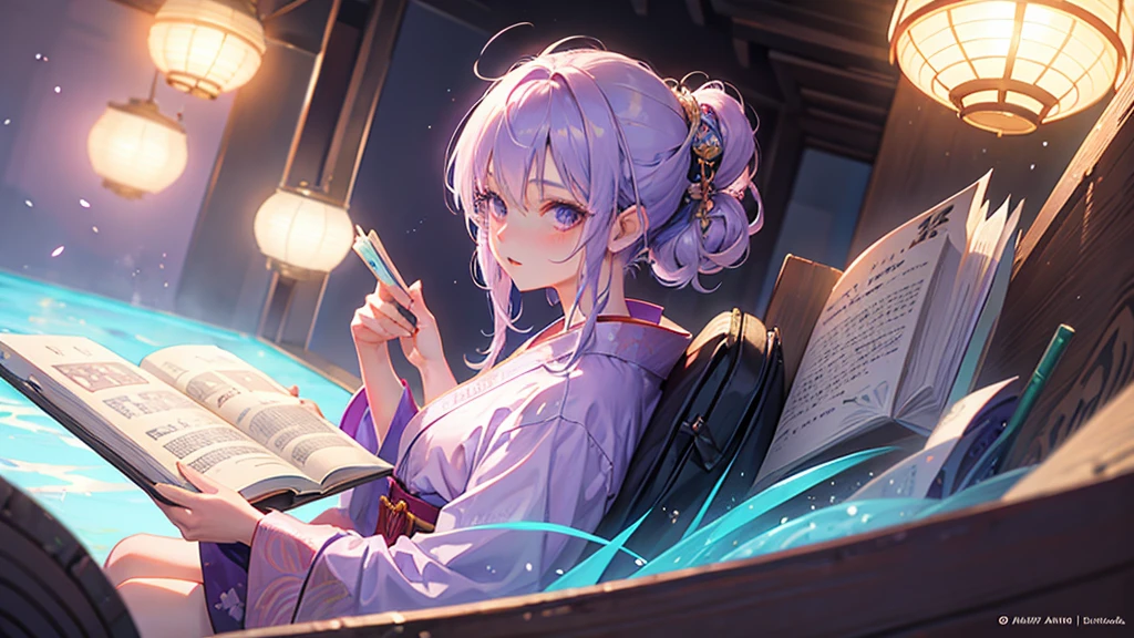woman clear Light purple hair kimono Anime Style reading literature Study