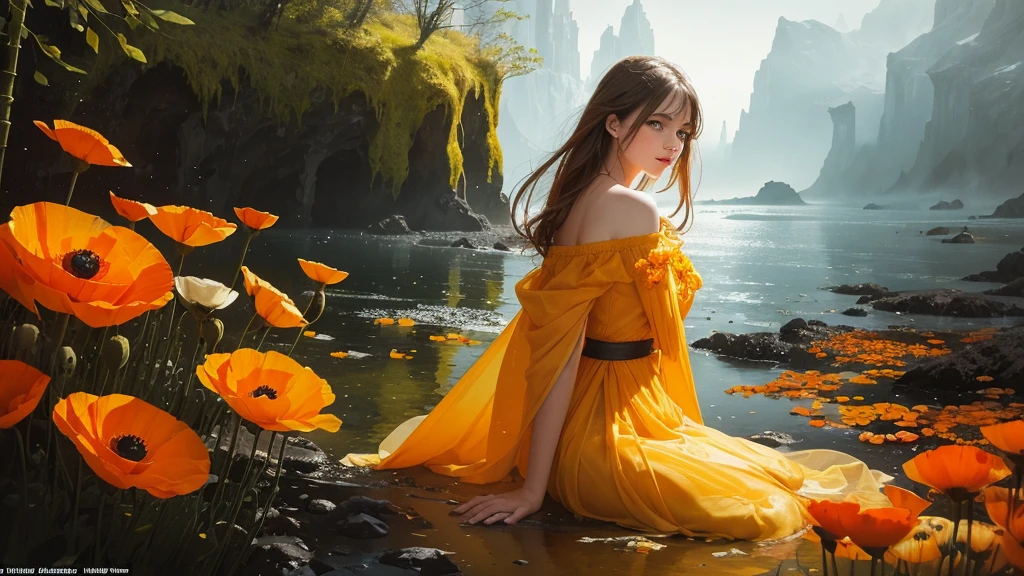 32k, Masterpiece, Highest quality, One girl, Detailed eyes, flower,Iceland Poppy, Orange and yellow style,A dreamy, romantic piece,Pale yellow, Mysterious Leaves,A playful arrangement,Fantasy,High Contrast,Ink strokes,explosion,Exposure, Impression of orange and yellow tones,Abstract,((Watercolours by John Berkey and Jeremy Mann )) Brush strokes,Negative Space, Tyndall effect,