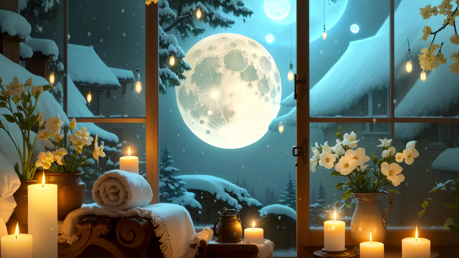 Candles are lit in front of a full moon window, Moonlight snowing, night with Moon and candle, Dreamy atmosphere of a moonlit night, cozy wallpaper, Moonlight snow, quiet night. Digital Illustration, Moon and candle, Cozy home background, Beautiful moonlight, ✨🕌🌙, Cozy and quiet atmosphere, beautiful moonlight night, Moonlight, A pleasant and enchanting scene