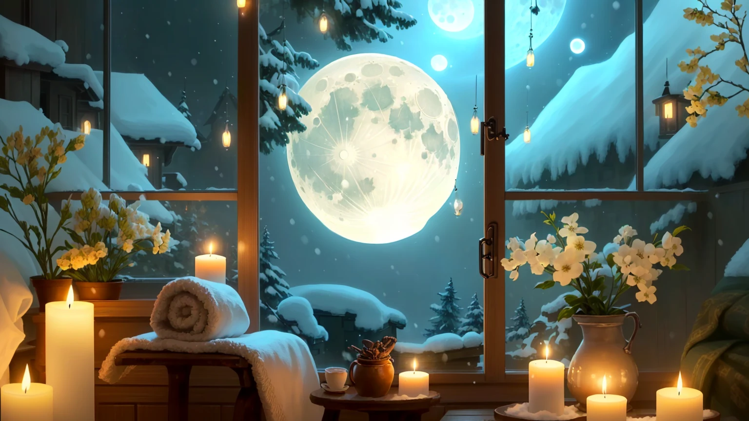 Candles are lit in front of a full moon window, Moonlight snowing, night with Moon and candle, Dreamy atmosphere of a moonlit night, cozy wallpaper, Moonlight snow, quiet night. Digital Illustration, Moon and candle, Cozy home background, Beautiful moonlight, ✨🕌🌙, Cozy and quiet atmosphere, beautiful moonlight night, Moonlight, A pleasant and enchanting scene