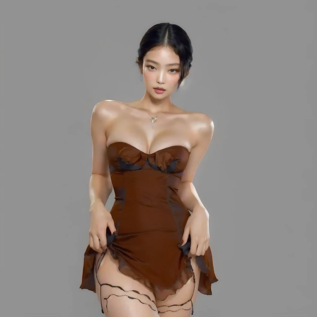 There is a woman in a brown dress posing for a photo, digital art of an elegant, deviantart art station cgscosiety, sexy dress, [ Artedigital 4K ]!!, succubus in short tight dress, photorealistic perfect body, chica sexy, slim girl model photo, korean female fashion model, trend on cgstation, Jennie Kim from black pink, detailed face, high quality, Tanned skin color, big tits, big breasts, hourglass body, sexy Korean woman, wide hips 