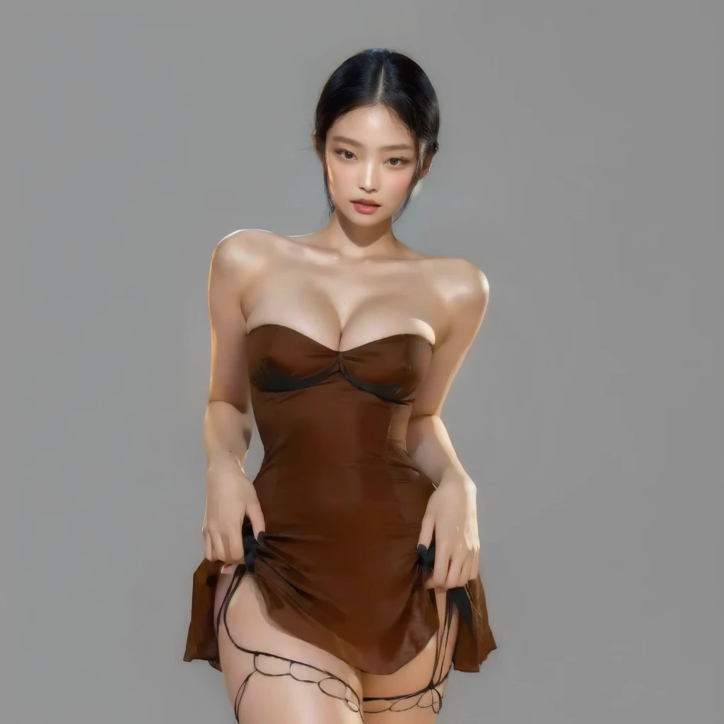 There is a woman in a brown dress posing for a photo, digital art of an elegant, deviantart art station cgscosiety, sexy dress, [ Artedigital 4K ]!!, succubus in short tight dress, photorealistic perfect body, chica sexy, slim girl model photo, korean female fashion model, trend on cgstation, Jennie Kim from black pink, detailed face, high quality, Tanned skin color, big tits, big breasts, hourglass body, sexy Korean woman, wide hips 