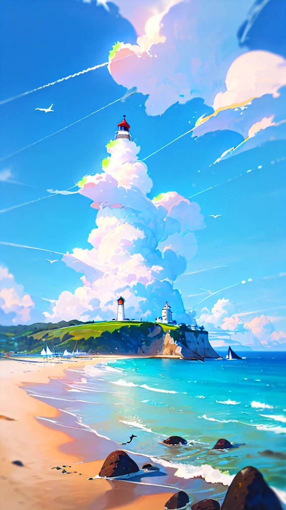 (masterpiece, best quality:1.1), wide angle, from below, (white cliff), mountain, blue ocean, low tide, sea waves, rocky beach, contrail, seagulls, horizon, breeze, summer, morning, sunny, cloud, calm, fresh air, sailboats, lighthouse, depth of field