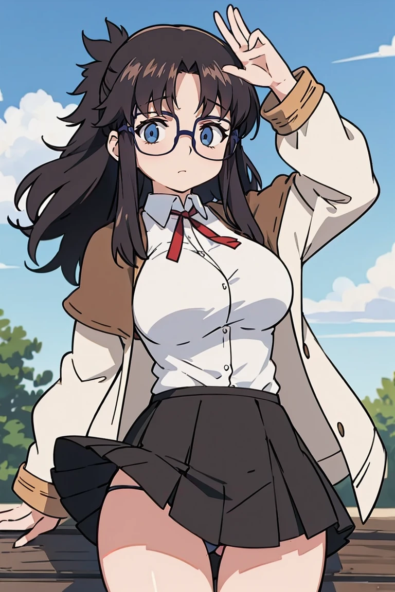 YR, 1girl, 独奏, upper body, portrait, sticker blush, smile, looking at viewer, glasses, long skirt, coat, vest, ribbon, long sleeves, messy hair, fine detail, perfect quality, good quality, masterpiece, HDR, UHD full body, refsheet, flip flops,  huge breast, thigh　mini skirt　mini skirt　micro skirt　mini skirt　mini skirt　micro skirt　Lift up bottom panties　Panty show　Are standing　　　Embarrassed　Smile　Outdoor　sunny　Large breasts　looking at the camera　Facing forward 　skirt lift　upskirt　Crotch up　thigh