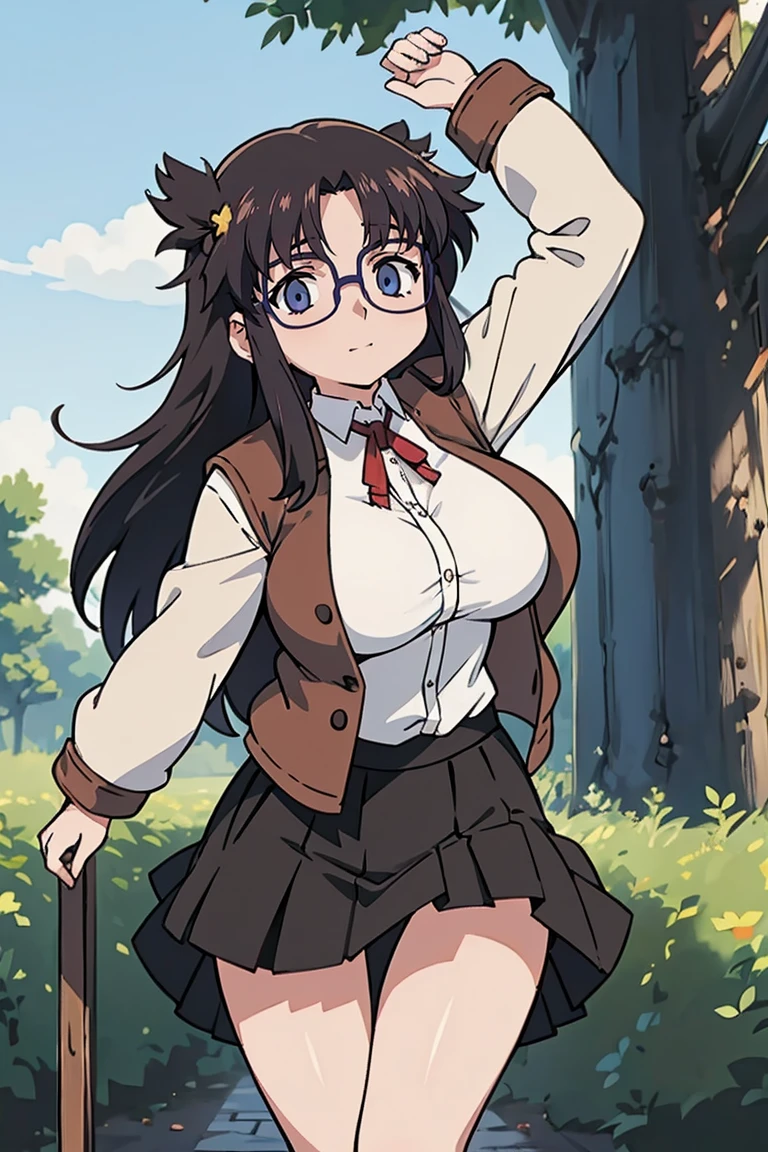 YR, 1girl, 独奏, upper body, portrait, sticker blush, smile, looking at viewer, glasses, long skirt, coat, vest, ribbon, long sleeves, messy hair, fine detail, perfect quality, good quality, masterpiece, HDR, UHD full body, refsheet, flip flops,  huge breast, thigh　mini skirt　mini skirt　micro skirt　mini skirt　mini skirt　micro skirt　Lift up bottom panties　Panty show　Are standing　　　Embarrassed　Smile　Outdoor　sunny　Large breasts　looking at the camera　Facing forward 　skirt lift　upskirt　Crotch up　thigh