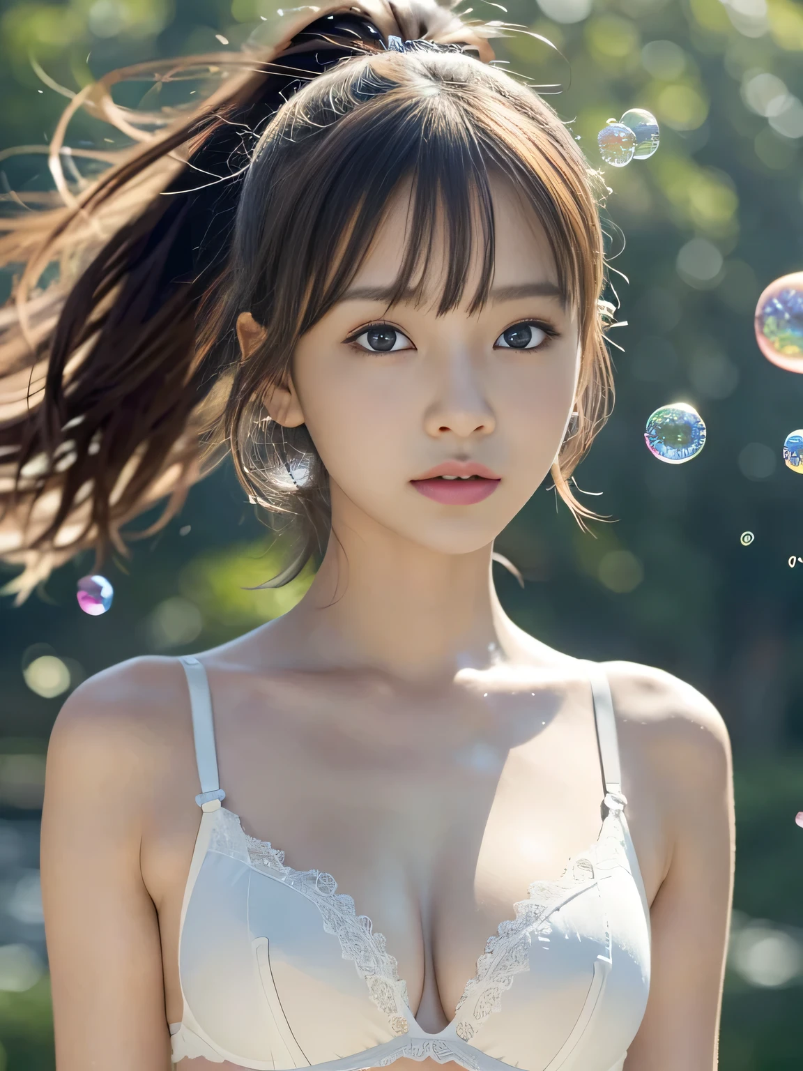 (bra:1.1), (masterpiece), (Highest quality), (Super detailed), (Disheveled Hair), (figure), (One Girl), (Fashionable clothes), Are standing, Fashion Model, Beholder, (interview), (Simple Background), Beautiful and beautiful eyes, Delicate and beautiful face, floating, (High saturation), (Colorful Splash), Colorful Bubbles, (Shine), Focus on the face, ponytail, Light blue hair, bangs, Hair Ring, floating Flowers, floating Hairs, (The Shining), Best lighting, Best Shadow