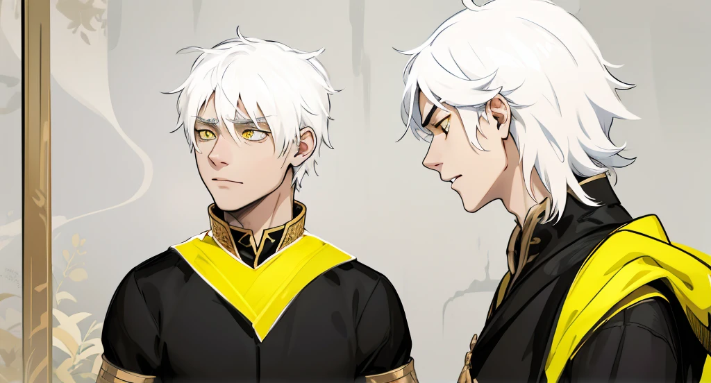 two demigods with white hair, yellow eyes, suits, black tunics with yellow and golden jewelry, they are talking, they are surprised because someone has arrived and seen them, they are a little scared.
