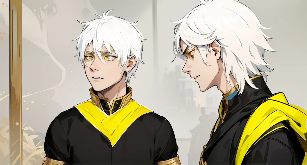 two demigods with white hair, yellow eyes, suits, black tunics with yellow and golden jewelry, they are talking, they are surprised because someone has arrived and seen them, they are a little scared.