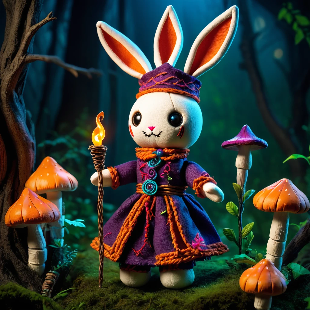 (knitted toy voodoo doll:1.9), (Voodoo Rabbit Sorcerer:1.8), (Clothing: mystical robes with carrot patterns:1.0), (Accessories: magic wand, enchanted hat, glowing amulet:1.2), (Background: enchanted forest with glowing mushrooms and mystical plants:1.2), (full body:1.0), best quality, masterpiece, detailed soft oil painting, detailed background, dramatic cinematic lighting, soft edge lighting, professional, dramatic lighting, hard edge lighting, ultra quality, 4k, masterpiece, best quality, 8k, ultra high definition, high resolution, extremely detailed