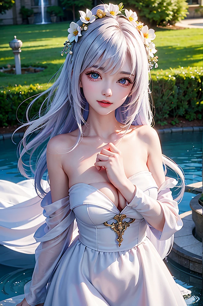(Image above the chest)((masterpiece:1.5,Highest quality,Highly detailed images,Beautiful images、Realistic、Photorealistic、2.5D))(1girl, 独奏,)(Adult women、large breasts, white hair, beautiful eyes、Beautiful cleavage)(Off-the-shoulder dress、black dress:1.5, Deep slit)(smile, wind, floating hair)(bright、Soft lighting、garden、water fountain)