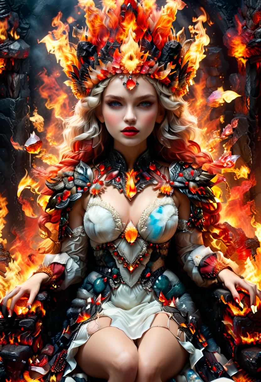 icture of a fire queen sitting on her fiery throne, a (fire queen: 1.2) wearing white dress, royal dress, glamorous dress, dynamic hair, she wear a crown, bold intense eyes, extremely exquisite beautiful queen, perfect body, (anatomically correct: 1.3), ultra feminine, ultra detailed face, red lips, fiery glowing eyes, she sits on a (fiery throne: 1.3) of magic, and might, throne carved from basalt, legendary symmetric design, with (many carvings in the marble: 1.3), (lava veins in the basalt and on the handles, decorated with rubies, and opal gems, goddess of fire fantasy hall room background, (masterpiece: 1.4) intense details, highly detailed, photorealistic, best quality, highres,16k, [ultra detailed], masterpiece, best quality, (extremely detailed), close up, ultra wide shot, photorealistic, RAW, fantasy art, dnd art, fantasy art, realistic art,((best quality)), ((masterpiece)), (detailed: 1.5), ral-ntrgmstn, faize