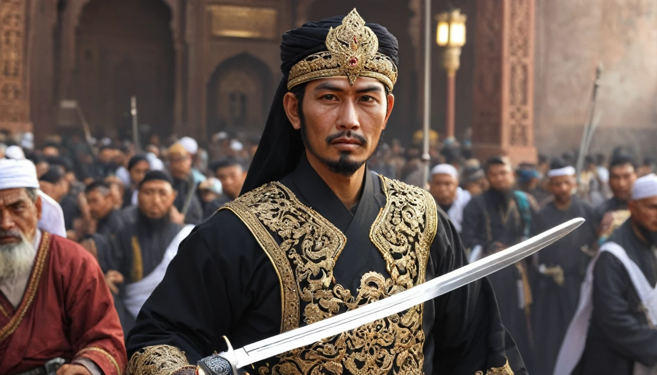 Handsome man, Islam Songkok, dignified face, ((many subordinates behind him)),(armed with a saber), 32k, Best quality, Masterpiece, super detail, High Details, Highest quality, masterpiece, Representative works, Official Art, Professional, Super intricate details, 8K