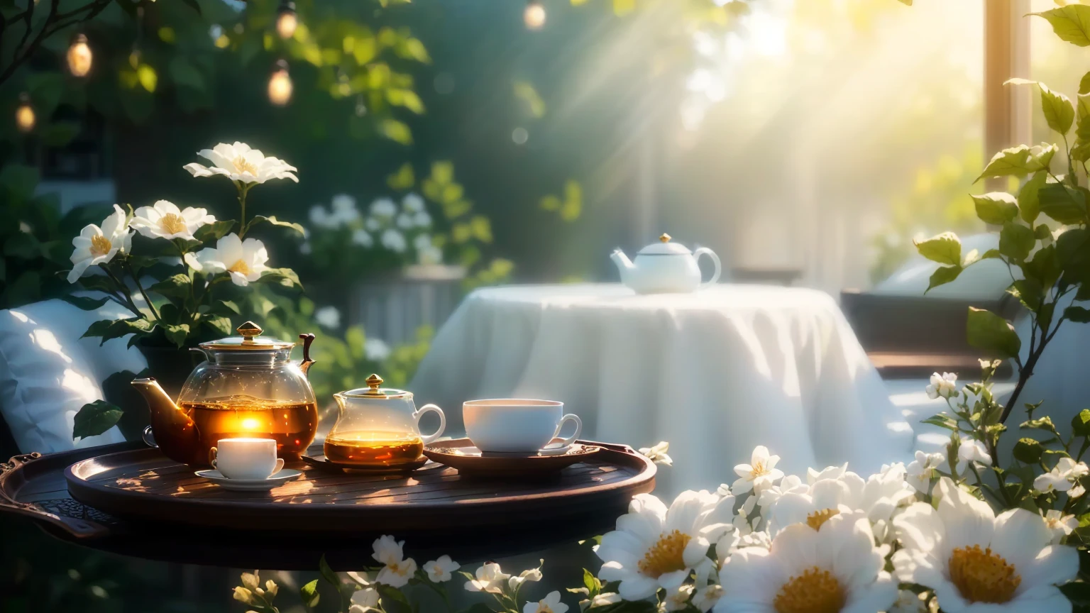 There is a tray with a teapot and cups on it., summer morning light, Relaxed atmosphere, Cozy cafe background, Peaceful atmosphere, Soft morning light, radiant morning light, Beautiful atmosphere, Sunny morning light, Beautiful atmosphere, Peaceful atmosphere, Romantic atmosphere, Morning sunlight, Early morning mood, Soft morning lighting, Cinematic morning light, Morning atmosphere
