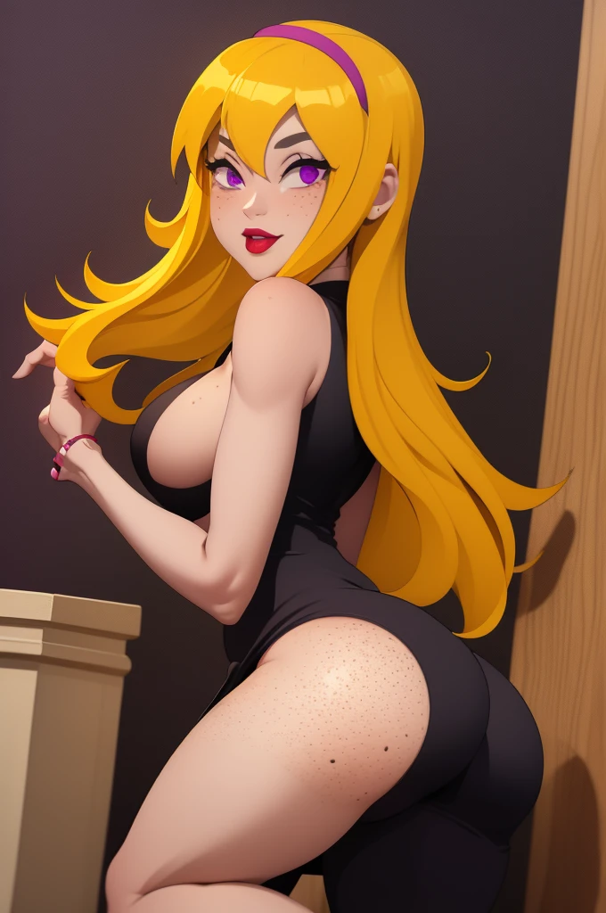 yellow hair, black dress, freckles, lipstick, big boobs, purple eyes, Lucy Mann, big ass, seductive pose, solo, tight outfit, masterpiece, high quality, humanoid, ultra 4k