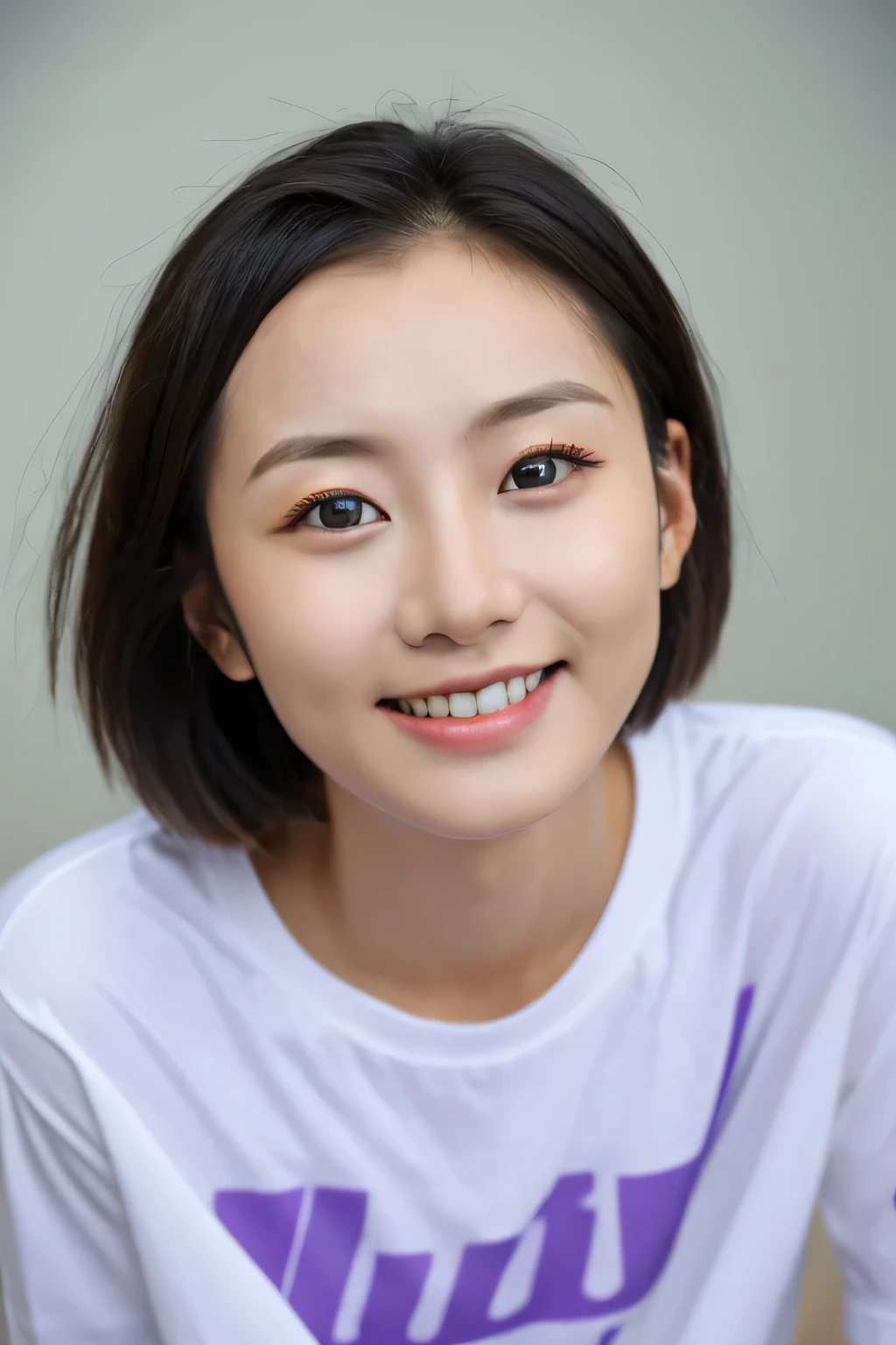 Close-up portrait of a beautiful Japanese girl。She has short, silvery bob hair.、Her hair is messy and falling over her face.。The large eyes are purple、Her gentle smile is impressive。Her cheeks were slightly red、Have a healthy and lively appearance。The girl is wearing a white T-shirt、The T-shirt is wet and sticks to your skin.。She is wearing the shorts from the set and they are wet too.、There's water on my shoulder、It creates an atmosphere as if you are in the rain.。The background is bathed in soft white light.、The light reflects off her hair and skin.。as a whole、The extremely realistic and refreshing depiction is characteristic.。