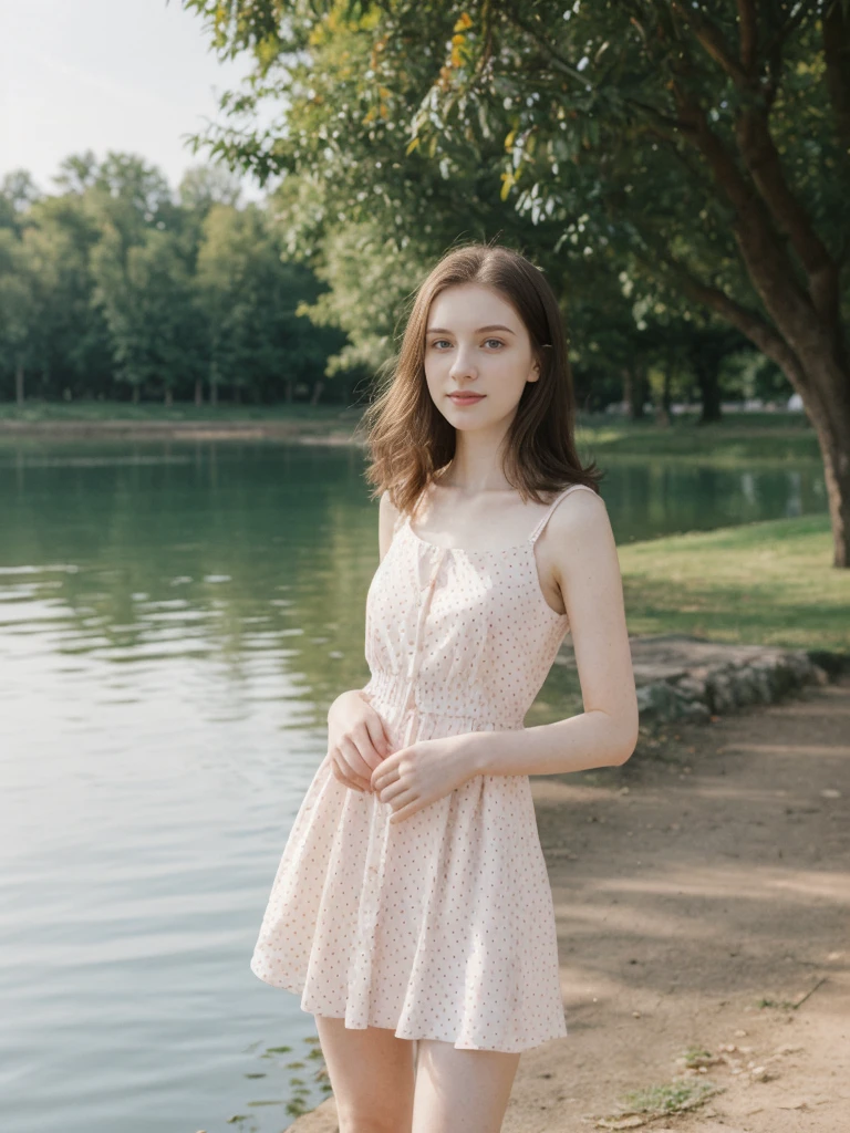 her name is Elle, high quality, 1girl, ((20-year-old fit Caucasian woman)), ((20 years old)), ((fit)), ((pale skin)), short length straight dark hair , wearing Pastel Mint Polka Dot Sundress, pose: standing, background: Capture the serene beauty of a lakeside park in a European city