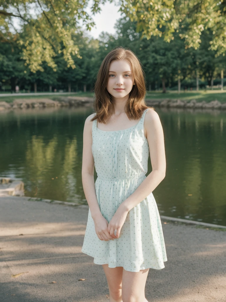 her name is Elle, high quality, 1girl, ((20-year-old fit Caucasian woman)), ((20 years old)), ((fit)), ((pale skin)), short length straight dark hair , wearing Pastel Mint Polka Dot Sundress, pose: standing, background: Capture the serene beauty of a lakeside park in a European city