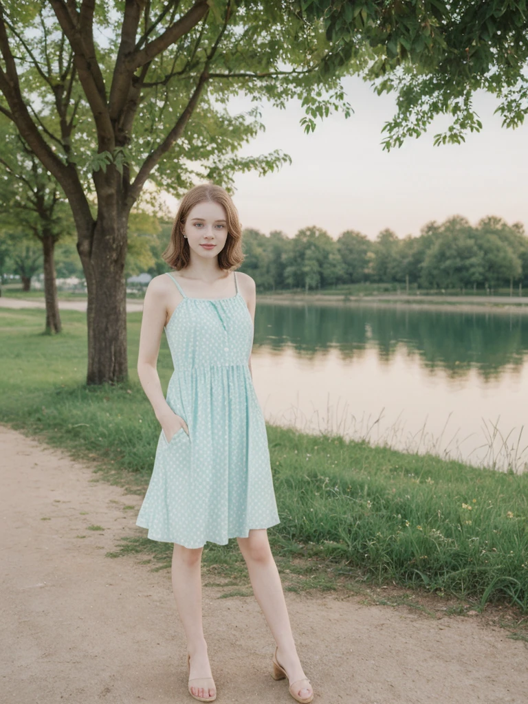 her name is Elle, high quality, 1girl, ((20-year-old fit Caucasian woman)), ((20 years old)), ((fit)), ((pale skin)), short length straight dark hair , wearing Pastel Mint Polka Dot Sundress, pose: standing, background: Capture the serene beauty of a lakeside park in a European city