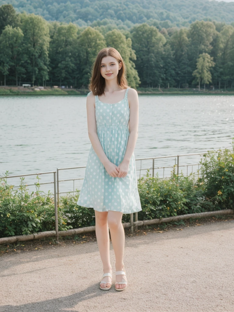 her name is Elle, high quality, 1girl, ((20-year-old fit Caucasian woman)), ((20 years old)), ((fit)), ((pale skin)), short length straight dark hair , wearing Pastel Mint Polka Dot Sundress, pose: standing, background: Capture the serene beauty of a lakeside park in a European city