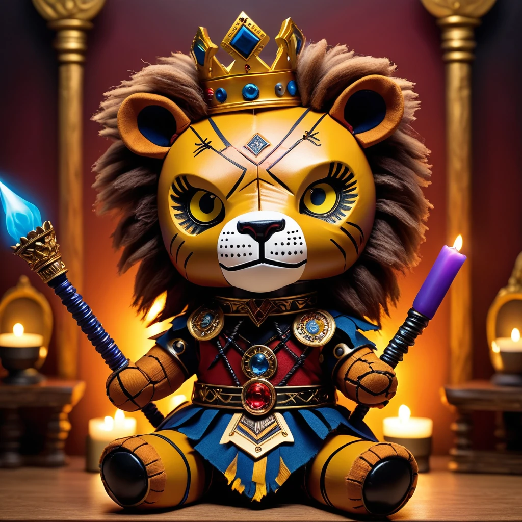 (knitted toy voodoo doll:1.9), (Voodoo Lion Guardian:1.8), (Clothing: regal armor with lion emblems:1.0), (Accessories: royal scepter, protective shield, crown:1.2), (Background: grand throne room with glowing torches and majestic banners:1.2), (full body:1.0), best quality, masterpiece, detailed soft oil painting, detailed background, dramatic cinematic lighting, soft edge lighting, professional, dramatic lighting, hard edge lighting, ultra quality, 4k, masterpiece, best quality, 8k, ultra high definition, high resolution, extremely detailed