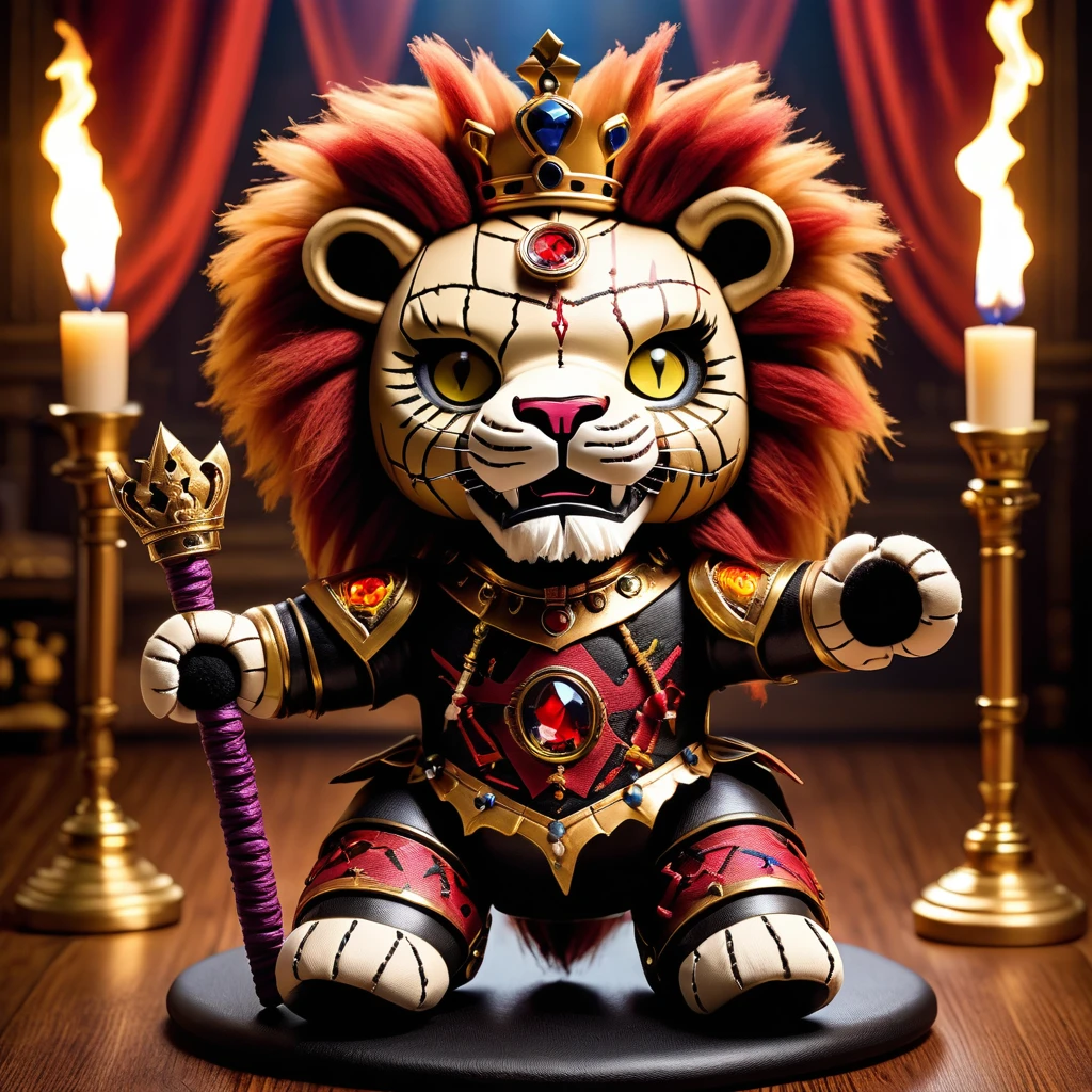 (knitted toy voodoo doll:1.9), (Voodoo Lion Guardian:1.8), (Clothing: regal armor with lion emblems:1.0), (Accessories: royal scepter, protective shield, crown:1.2), (Background: grand throne room with glowing torches and majestic banners:1.2), (full body:1.0), best quality, masterpiece, detailed soft oil painting, detailed background, dramatic cinematic lighting, soft edge lighting, professional, dramatic lighting, hard edge lighting, ultra quality, 4k, masterpiece, best quality, 8k, ultra high definition, high resolution, extremely detailed