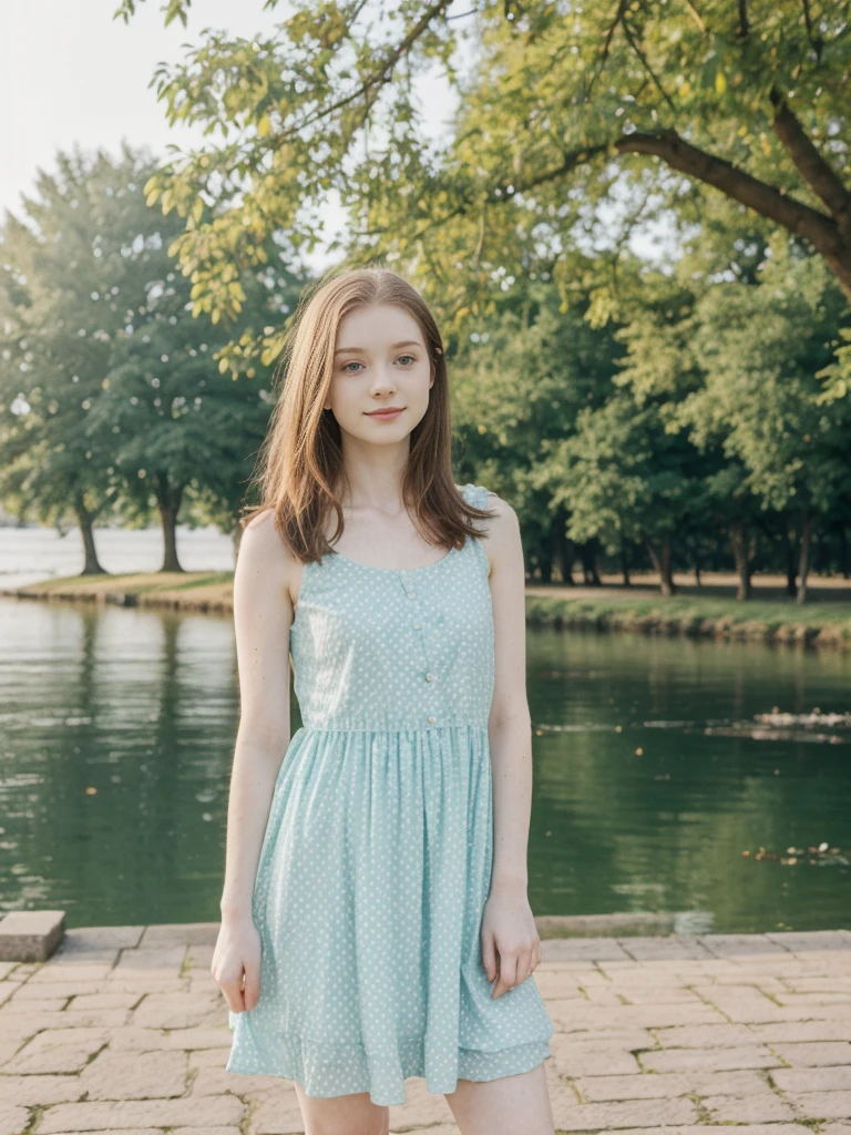 her name is Elle, high quality, 1girl, ((20-year-old fit Caucasian woman)), ((20 years old)), ((fit)), ((pale skin)), short length straight dark hair , wearing Pastel Mint Polka Dot Sundress, pose: standing, background: Capture the serene beauty of a lakeside park in a European city