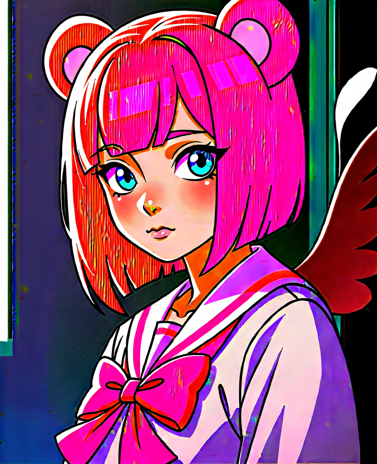 skistyle, 1girl, solo, pink hair, animal ears, blue eyes, wings, looking at viewer, bangs, short hair, bow, sailor collar, white sailor collar, hair bow, pink bow, closed mouth, shirt, white shirt, bear ears, bob cut, mini wings, portrait, detached wings, makeup, upper body, city in background