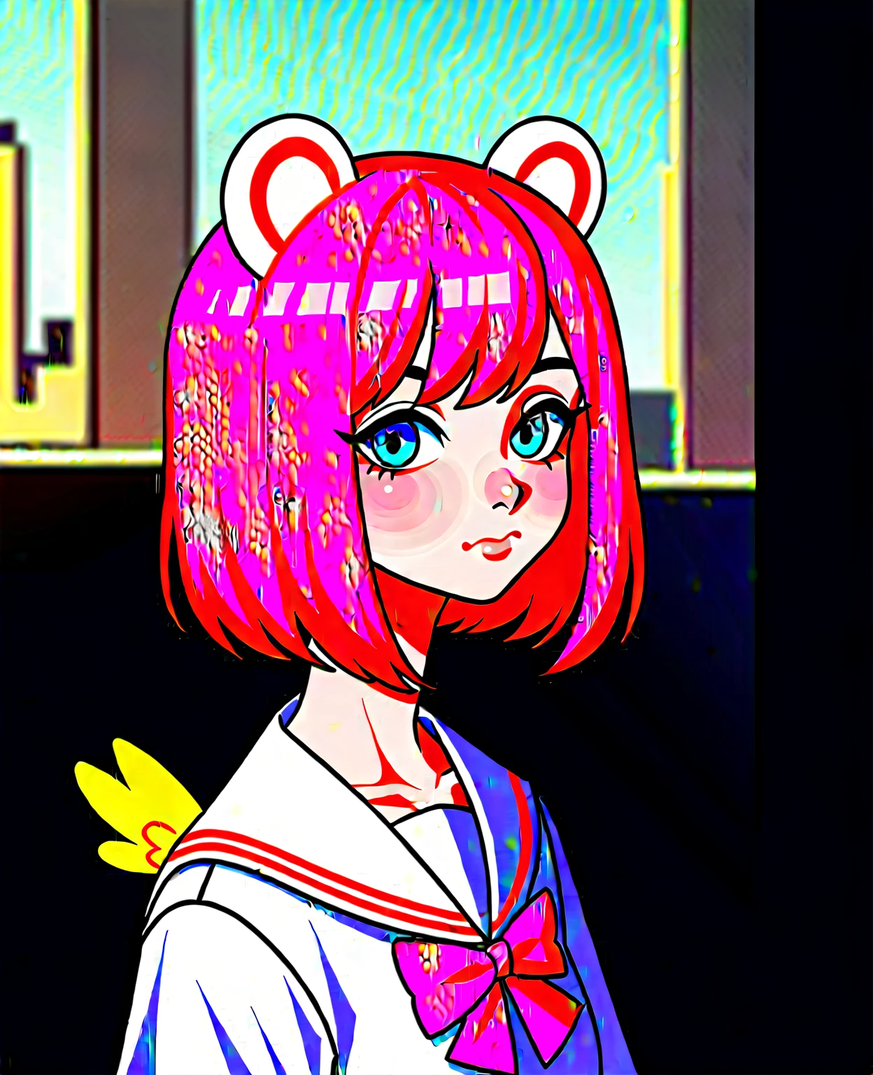 skistyle, 1girl, solo, pink hair, animal ears, blue eyes, wings, looking at viewer, bangs, short hair, bow, sailor collar, white sailor collar, hair bow, pink bow, closed mouth, shirt, white shirt, bear ears, bob cut, mini wings, portrait, detached wings, makeup, upper body, city in background