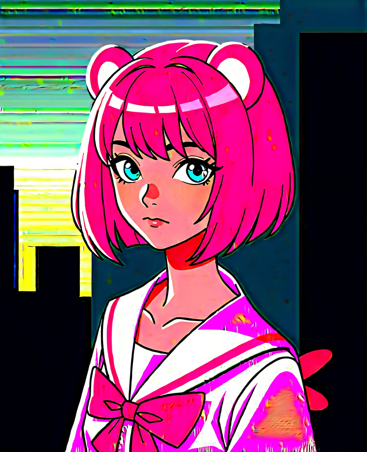 skistyle, 1girl, solo, pink hair, animal ears, blue eyes, wings, looking at viewer, bangs, short hair, bow, sailor collar, white sailor collar, hair bow, pink bow, closed mouth, shirt, white shirt, bear ears, bob cut, mini wings, portrait, detached wings, makeup, upper body, city in background