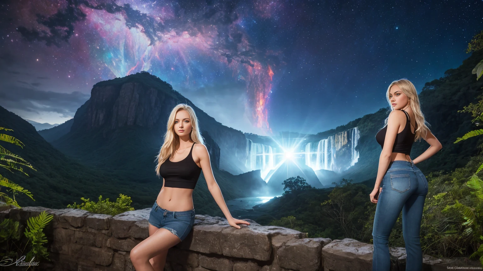 A stunning Russian beauty stands at the edge of massives waterfalls, her blonde hair blowing gently in the misty air. Her piercing blue eyes sparkle as she gazes up at the star-filled sky, where a (brilliant supernova:1.3) casts an otherworldly glow. The jungle around her is dark and mysterious, illuminated only by the soft flicker of a brasero's flames. She wears a (short jeans) and (tank top) that hugs her perfect body, highlighting every curve and contour as she poses confidently in front of the roaring waterfall.