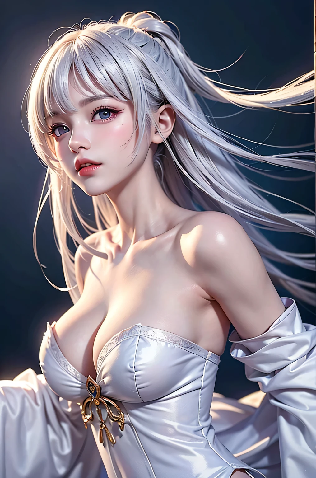 (Close-up image)((masterpiece:1.5,Highest quality,Highly detailed images,Beautiful images、Realistic、Photorealistic、2.5D))(1girl, solo,)(Adult women、medium beautiful breasts, white hair, beautiful eyes、Beautiful cleavage)(cleavage_cutout, silk, Long dress)(smile, wind, floating hair)(dark、Soft lighting、Fantastic Background）
