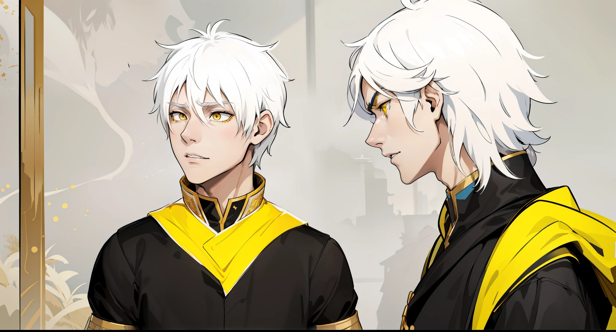 two demigods with white hair, yellow eyes, suits, black tunics with yellow and golden jewelry, they are talking, they are surprised because someone has arrived and seen them, they are a little scared.