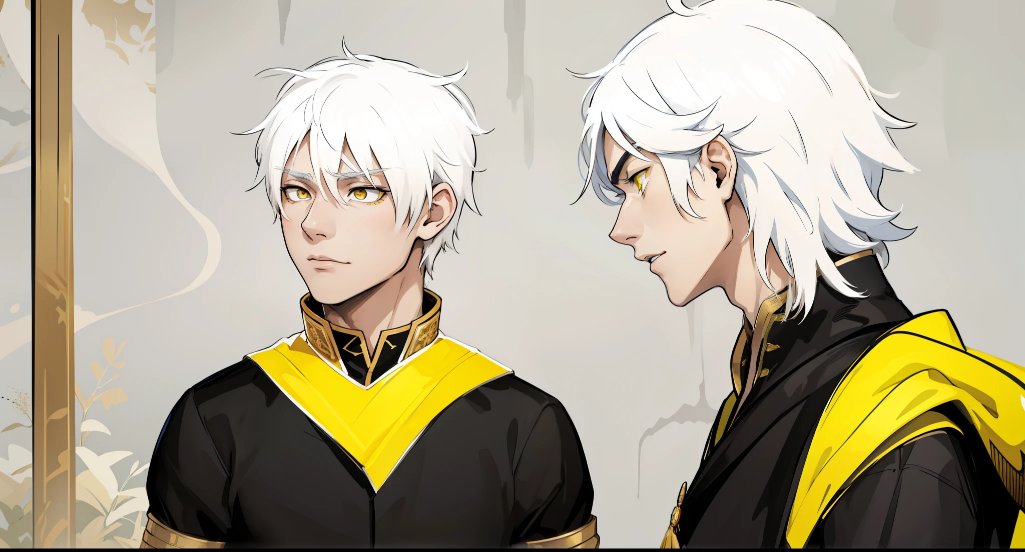 two demigods with white hair, yellow eyes, suits, black tunics with yellow and golden jewelry, they are talking, they are surprised because someone has arrived and seen them, they are a little scared.