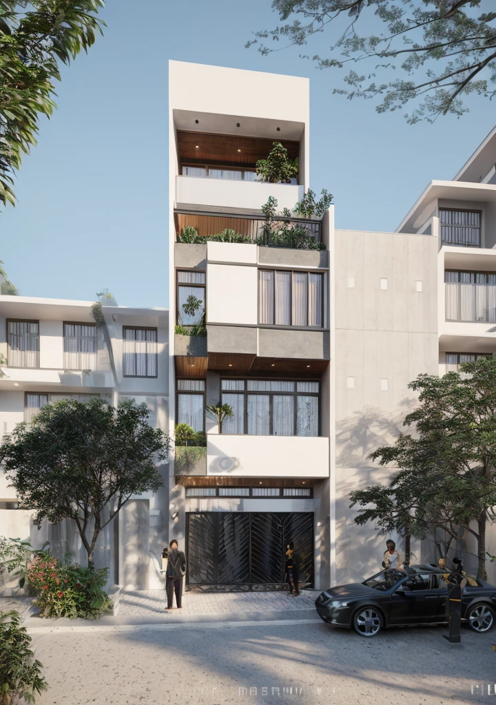 Townhouse in city, daylight,warm light, (sharp focus) front view of townhouse in style of modern, VietNam ,mutual colours, soft lighting, warm atmosphere,high Resolution, hyper detailed,4k ,vray render, hyper realistic,exterior design , professional photography, exterior photography,wide-angle shot , ultra detail , high Resolution . all of doors and windows are made by Xingfa . have many trees , ivys, palms on the bancony. black iron frame . human and girl on the pavement. wooden ceiling. ceiling light.black iron gate.