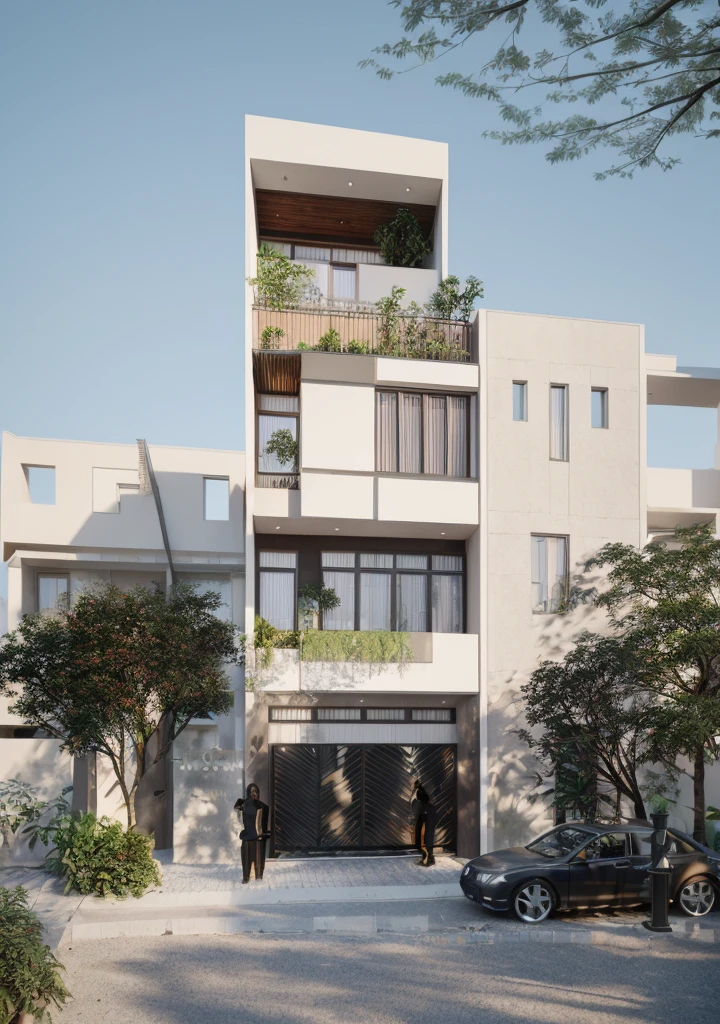 Townhouse in city, daylight,warm light, (sharp focus) front view of townhouse in style of modern, VietNam ,mutual colours, soft lighting, warm atmosphere,high Resolution, hyper detailed,4k ,vray render, hyper realistic,exterior design , professional photography, exterior photography,wide-angle shot , ultra detail , high Resolution . all of doors and windows are made by Xingfa . have many trees , ivys, palms on the bancony. black iron frame . human and girl on the pavement. wooden ceiling. ceiling light.black iron gate.