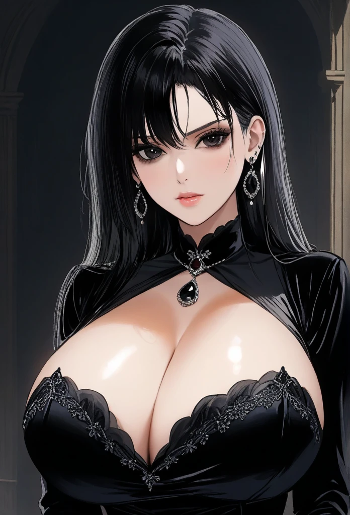 an  woman with the bearing of a madame in a velvet dress , with black eyes ,Gothic,big breasts , earrings ,close up sharp jawline 