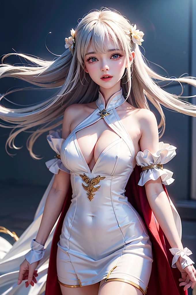 (Close-up image)((masterpiece:1.5,Highest quality,Highly detailed images,Beautiful images、Realistic、Photorealistic、2.5D))(1girl, 独奏,)(Adult women、medium beautiful breasts, white hair, beautiful eyes、Beautiful cleavage)(cleavage_cutout, silk, Long dress)(smile, wind, floating hair)(dark、Soft lighting、Fantastic Background）
