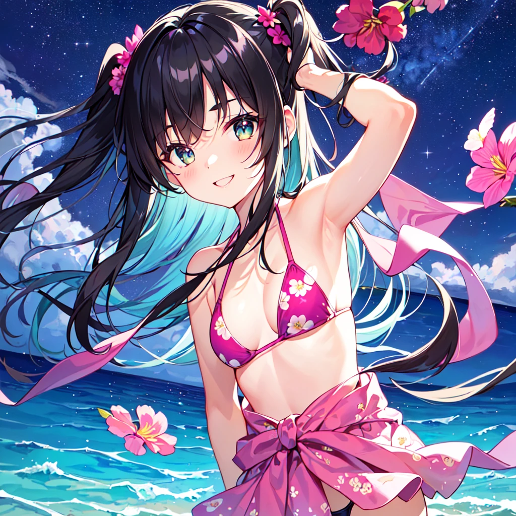 masterpiece, best quality, high quality, extremely detailed, very delicate and beautiful, (1 female 18 years old solo:1.2), (long black hair up to waist with two side up:1.4), bangs to eyebrows, eyes (eyes sharp, strong, glossy, glossy eyebrows), (eye color magenta:1.3), 6.5 head height, (bikini swimsuit with summer flower print:1.3), (smiling),(standing), (hand on head), (dynamic pose), (background ocean shallows:1.3), (Night Sky :1.3), (upper body:1.3)