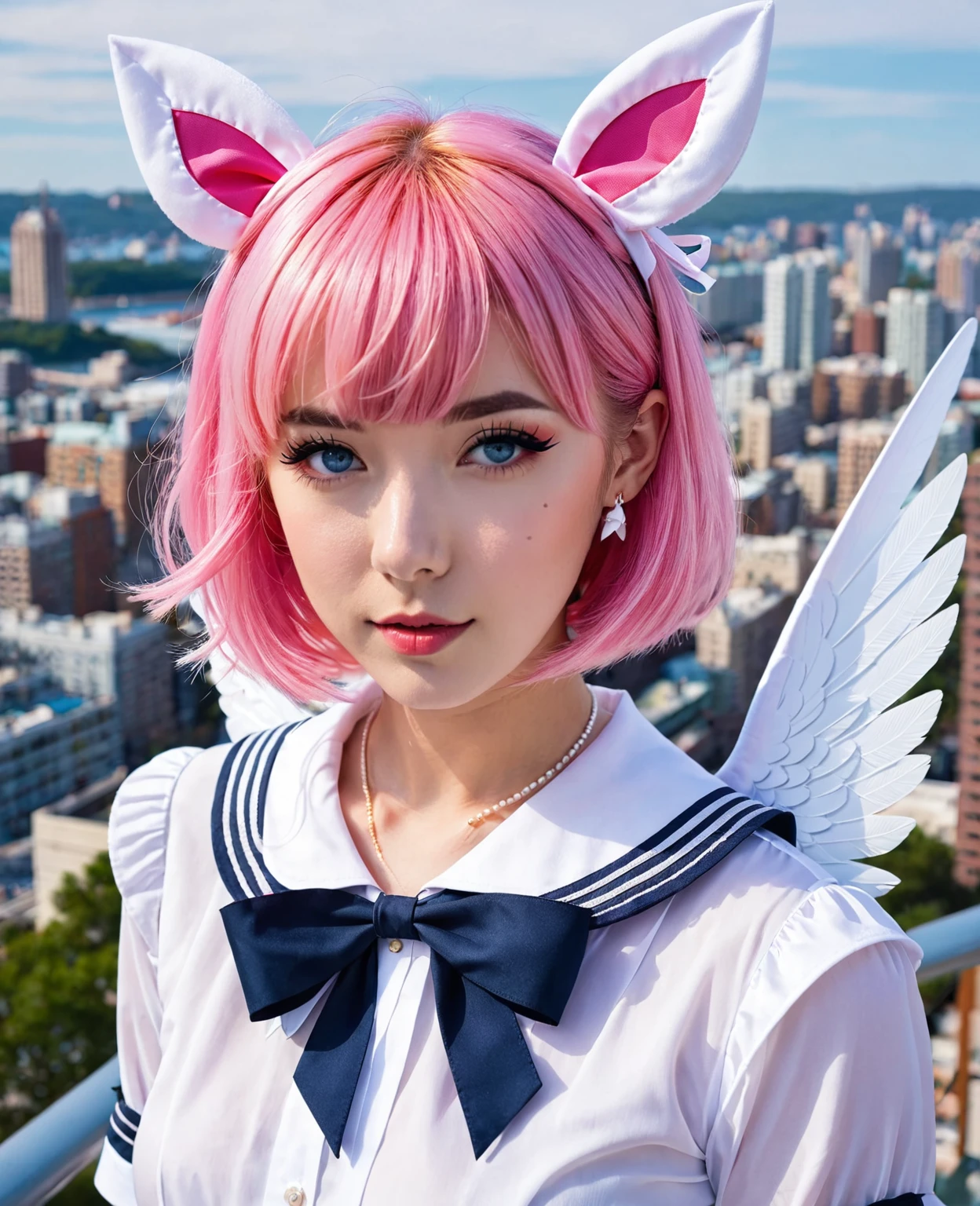 skistyle, 1girl, solo, pink hair, animal ears, blue eyes, wings, looking at viewer, bangs, short hair, bow, sailor collar, white sailor collar, hair bow, pink bow, closed mouth, shirt, white shirt, bear ears, bob cut, mini wings, portrait, detached wings, makeup, upper body, city in background