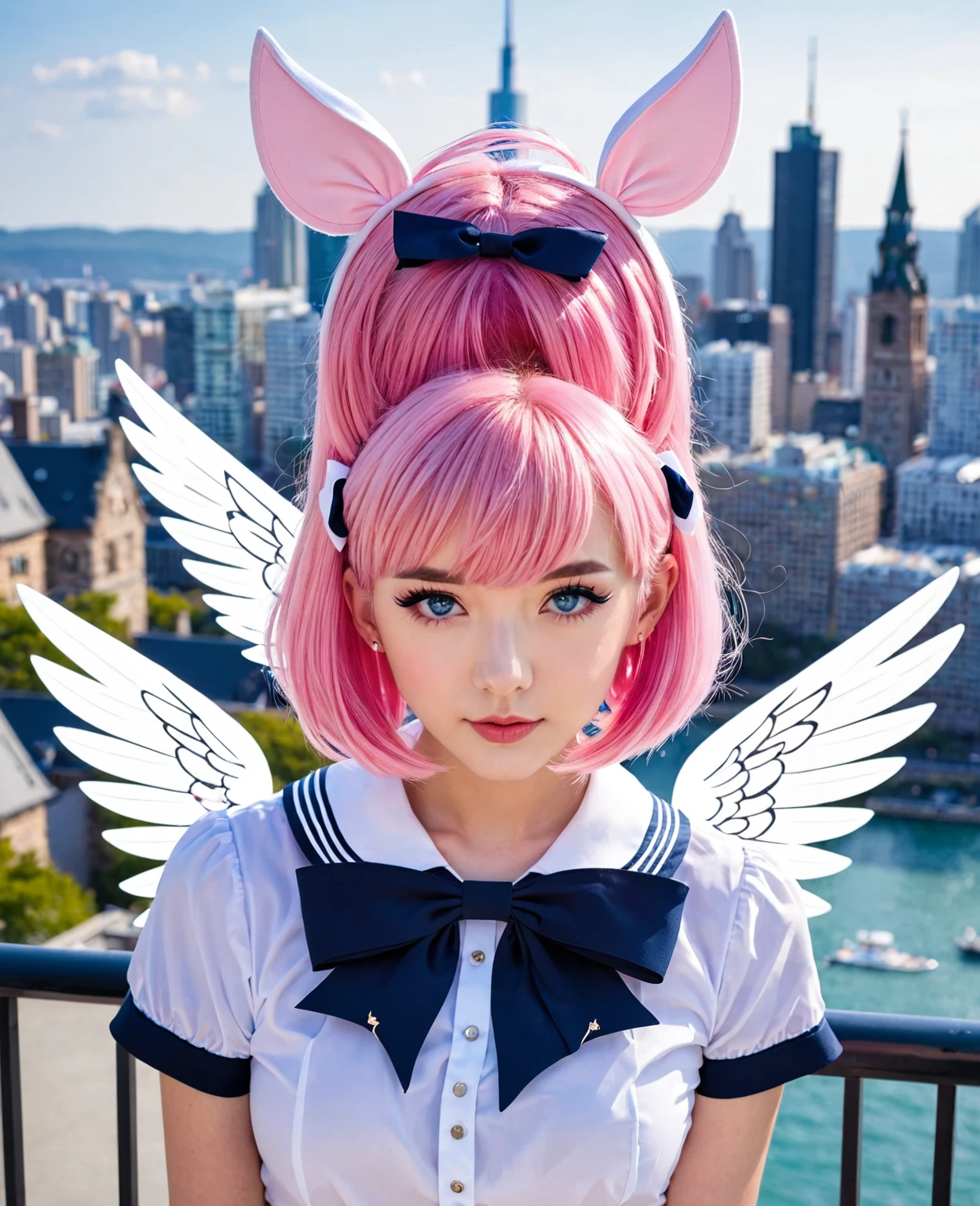skistyle, 1girl, solo, pink hair, animal ears, blue eyes, wings, looking at viewer, bangs, short hair, bow, sailor collar, white sailor collar, hair bow, pink bow, closed mouth, shirt, white shirt, bear ears, bob cut, mini wings, portrait, detached wings, makeup, upper body, city in background