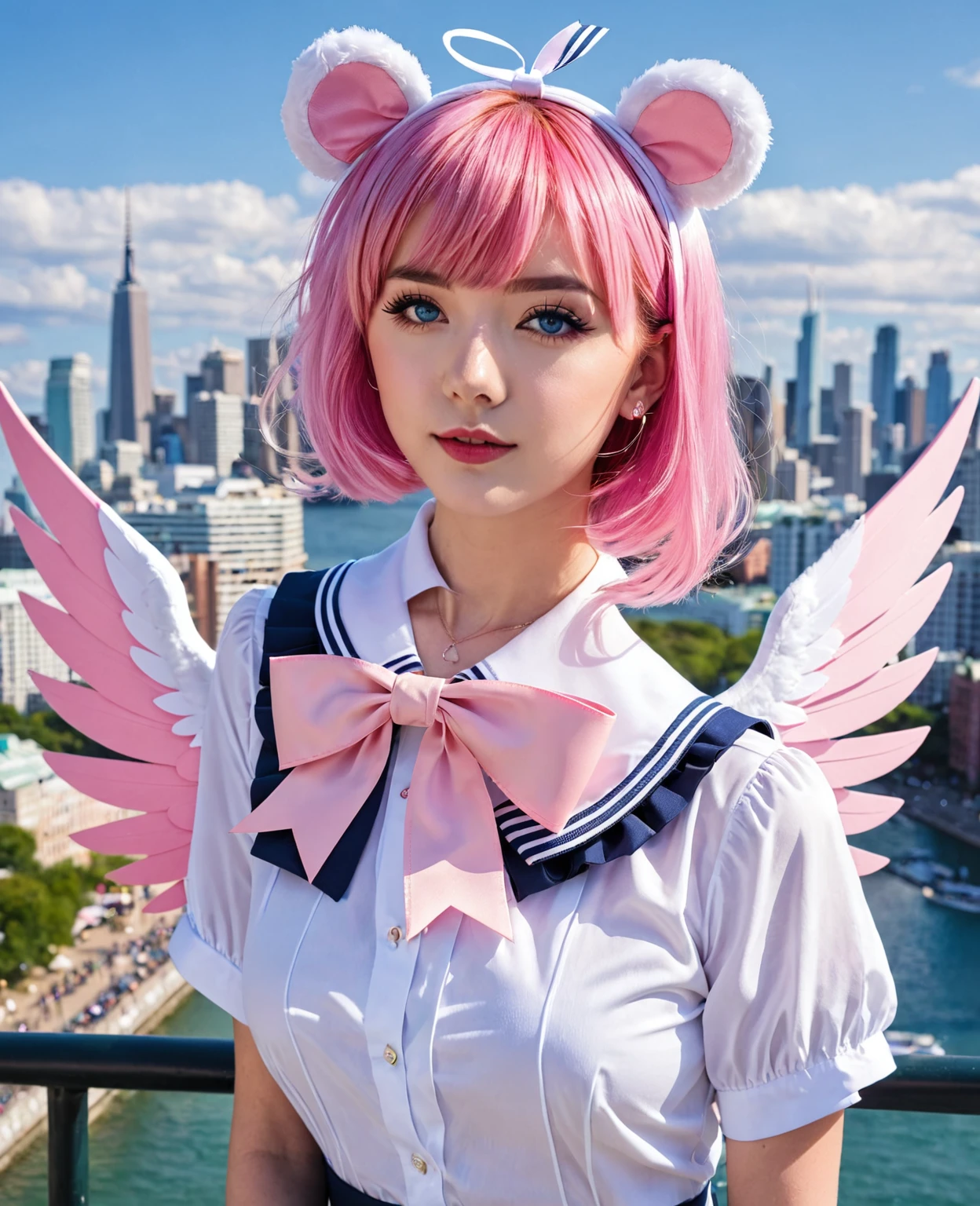 skistyle, 1girl, solo, pink hair, animal ears, blue eyes, wings, looking at viewer, bangs, short hair, bow, sailor collar, white sailor collar, hair bow, pink bow, closed mouth, shirt, white shirt, bear ears, bob cut, mini wings, portrait, detached wings, makeup, upper body, city in background