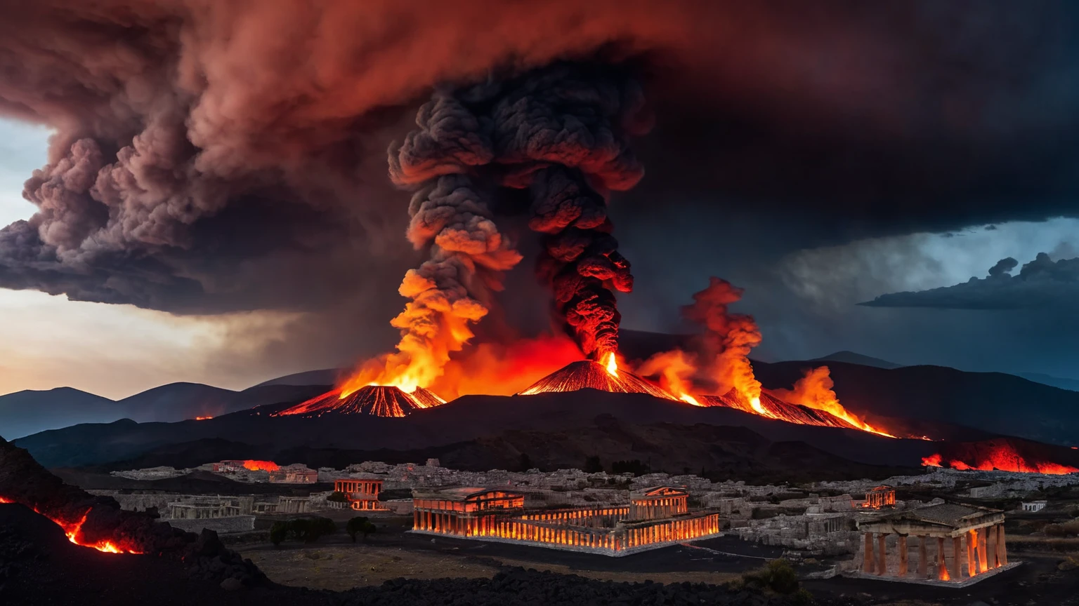 exterior of burning Greek temples, buildings on fire, fire in the sky, brimstone mountains, fire, smoke, lava, volcanos, flaming fields of torment, wildfires, hell, dark red storm clouds, night time darkness, inferno, background