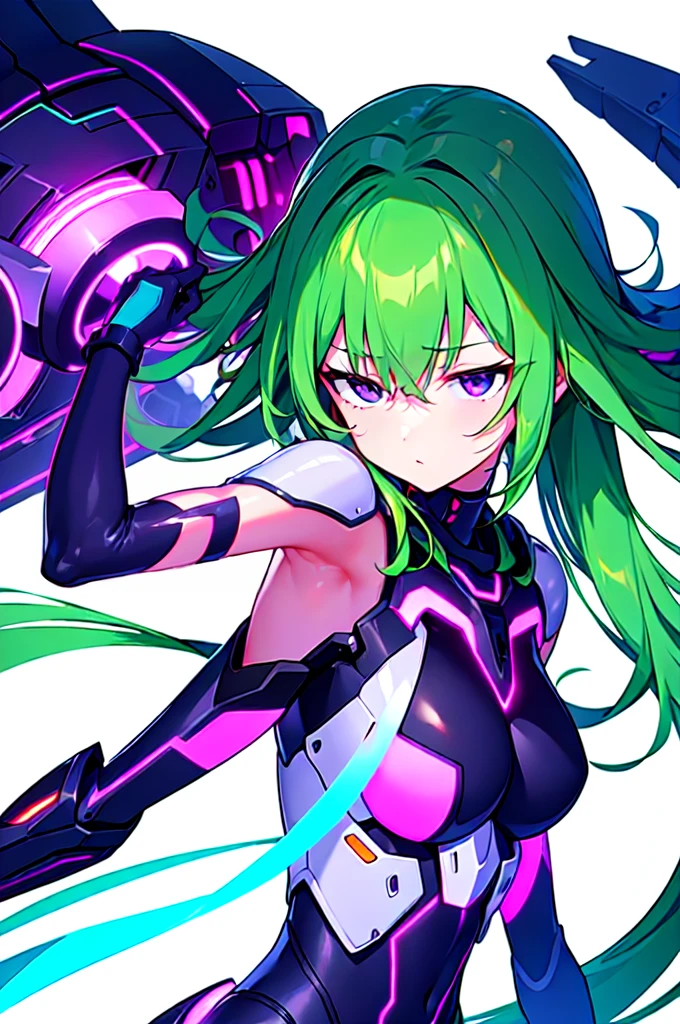 [(WHITE BACKGROUND:1.5),::5], ((((masterpiece)))), high quality, ultra very high resolution, full color, (((solo))), ((Mecha musume)), Mecha girl, ((Green hair)), (Purple eyes), anime, upper body, neon light, cyborg body, (Purple neon effect:1.2)