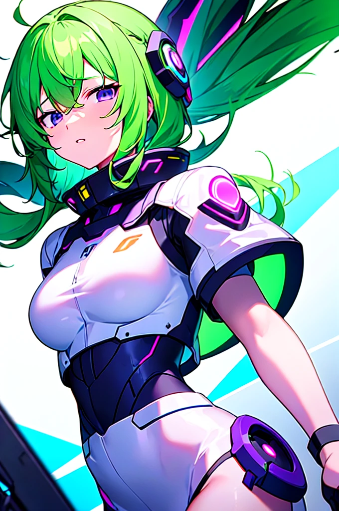 [(WHITE BACKGROUND:1.5),::5], ((((masterpiece)))), high quality, ultra very high resolution, full color, (((solo))), ((Mecha musume)), Mecha girl, ((Green hair)), (Purple eyes), anime, upper body, neon light, cyborg body, (Purple neon effect:1.2)