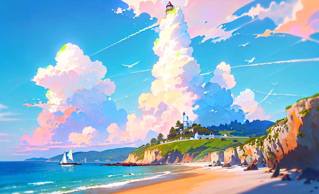 (masterpiece, best quality:1.1), wide angle, from below, (white cliff), mountain, blue ocean, low tide, sea waves, rocky beach, contrail, seagulls, horizon, breeze, summer, morning, sunny, cloud, calm, fresh air, sailboats, lighthouse, depth of field