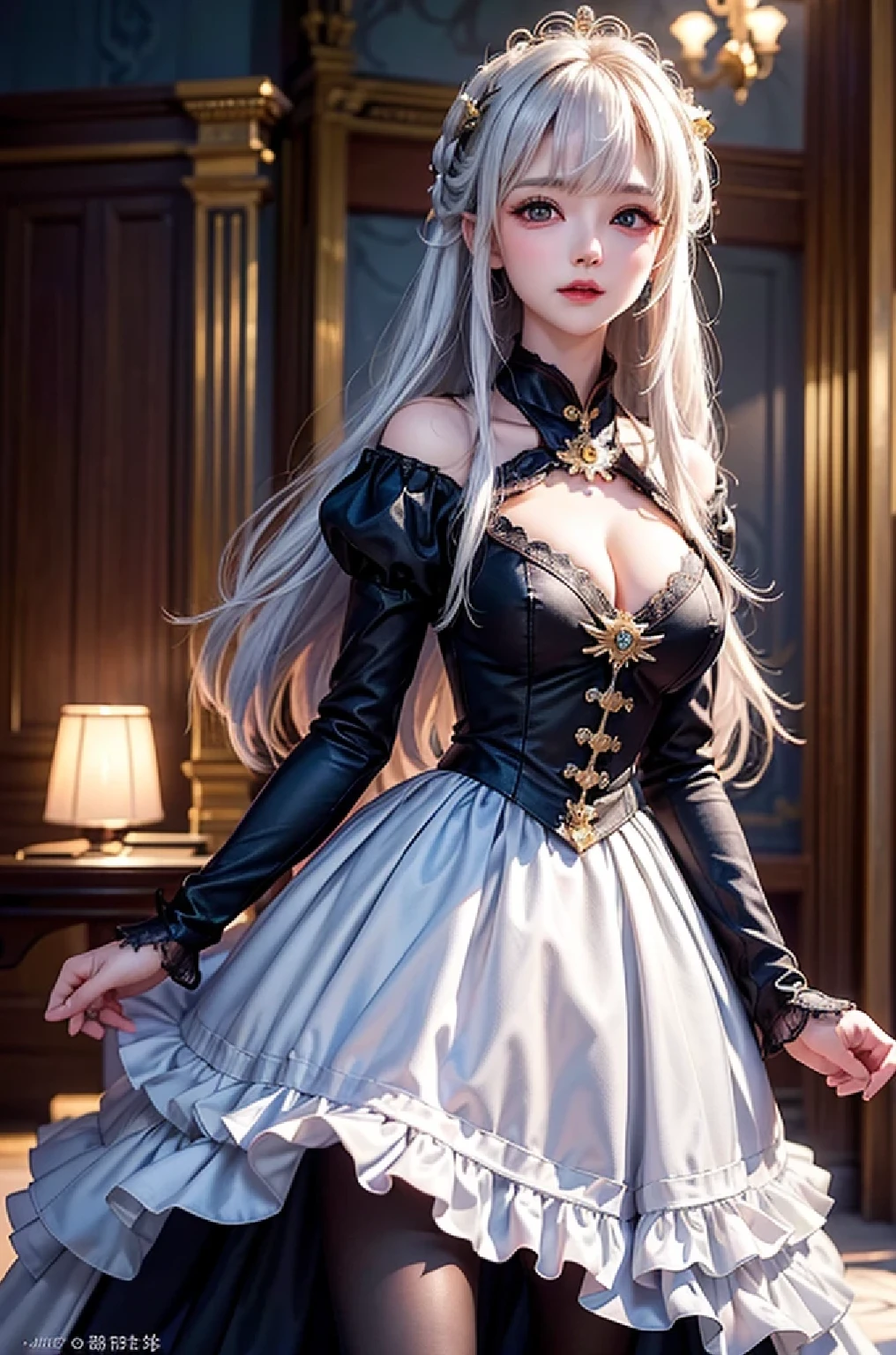 (Image above the chest)((masterpiece:1.5,Highest quality,Highly detailed images,Beautiful images、Realistic、Photorealistic、2.5D))(1girl, solo)(Adult women、large breasts, white hair, beautiful eyes、Beautiful cleavage)(Fantasy dresses、Fantasy Clothes、Black battle dress、black dress:1.5, Deep slit)(smile, wind, floating hair、walk)(bright、Soft lighting、Inside the castle、The King's Chamber）
